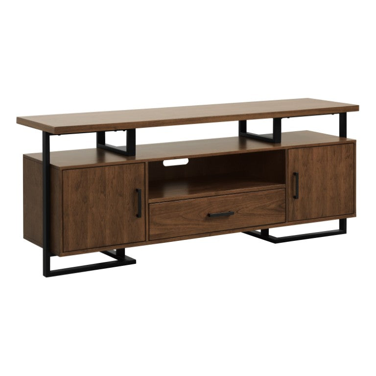 English Elm Tv Console with Walnut Veneer Panels and Rustic Black Metal Frame for Living Rooms B011P581897