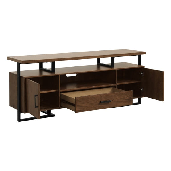 English Elm Tv Console with Walnut Veneer Panels and Rustic Black Metal Frame for Living Rooms B011P581897