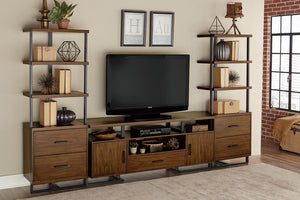 English Elm Tv Console with Walnut Veneer Panels and Rustic Black Metal Frame for Living Rooms B011P581897