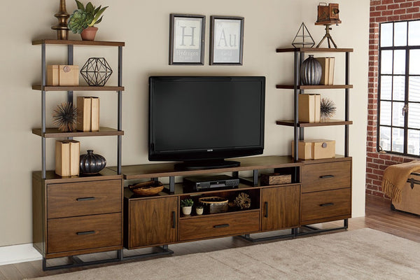 English Elm Tv Console with Walnut Veneer Panels and Rustic Black Metal Frame for Living Rooms B011P581897