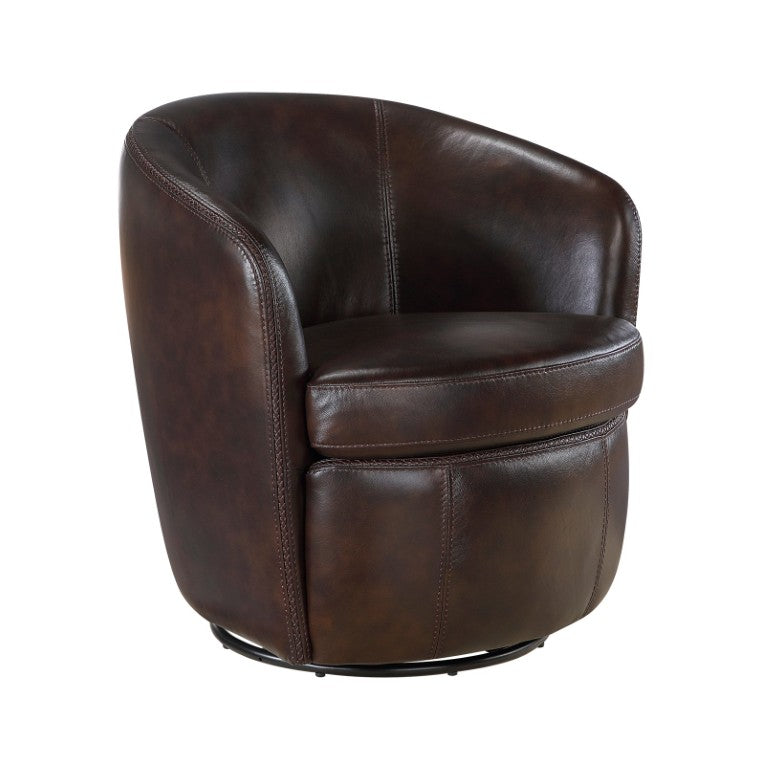 English Elm Swivel Barrel Accent Chair in Top Grain Leather with Bronze Metal Base for Living Rooms B011P581950