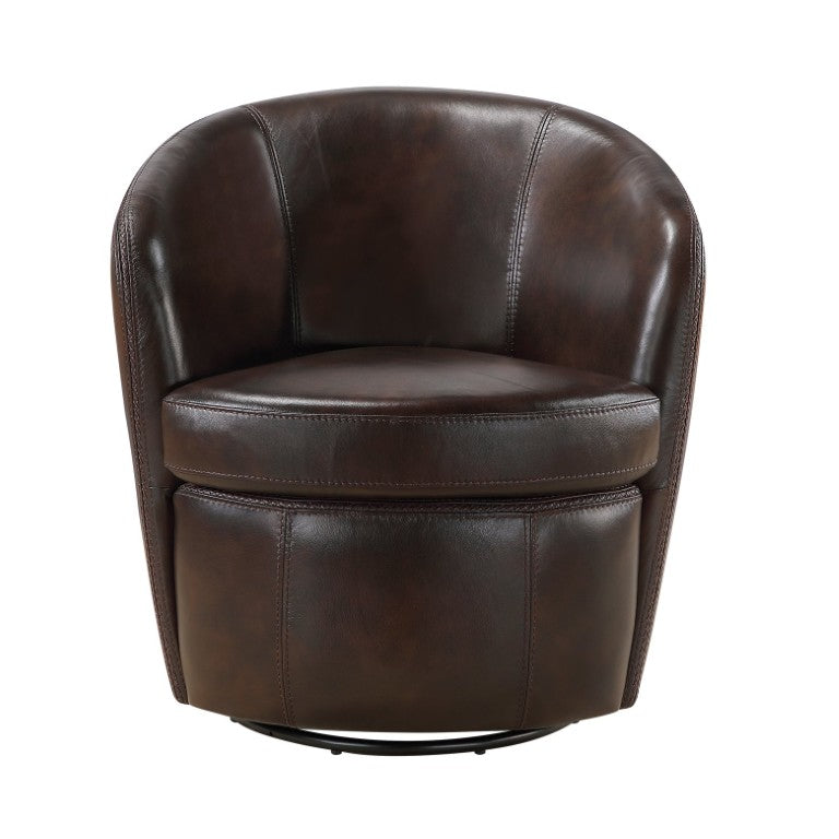 English Elm Swivel Barrel Accent Chair in Top Grain Leather with Bronze Metal Base for Living Rooms B011P581950
