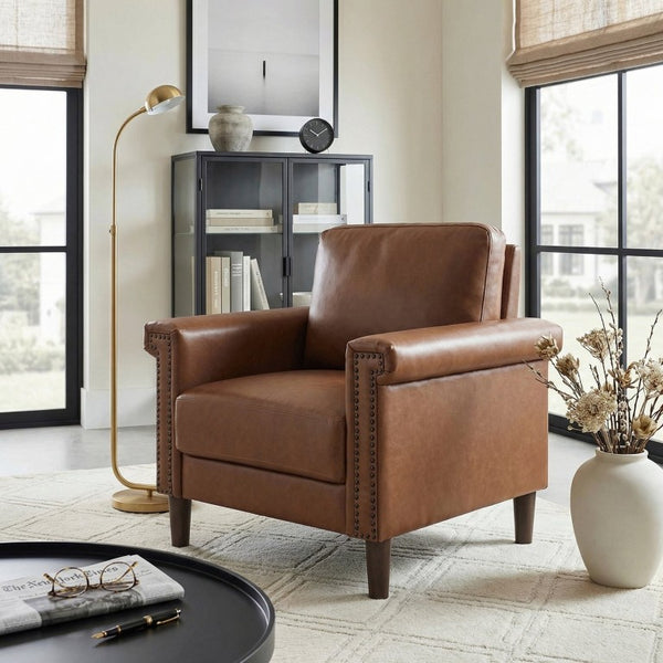 English Elm Chair Club Style Faux Leather Nailhead Accent Seat with Dark Wood Legs for Any Room B011P581962