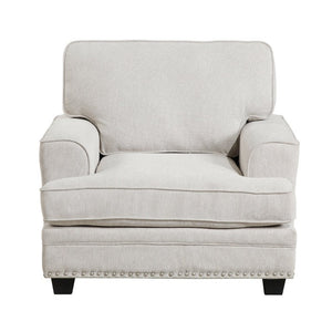 English Elm Chair Upholstered in Sand Chenille with Nailhead Trim and Black Faux Wood Legs B011P581987