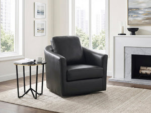 English Elm Swivel Accent Chair Chenille Upholstered Walnut Frame Mid-Century Living Room Seat Black Leather 33 L x 35 W x 36 H B011P582018
