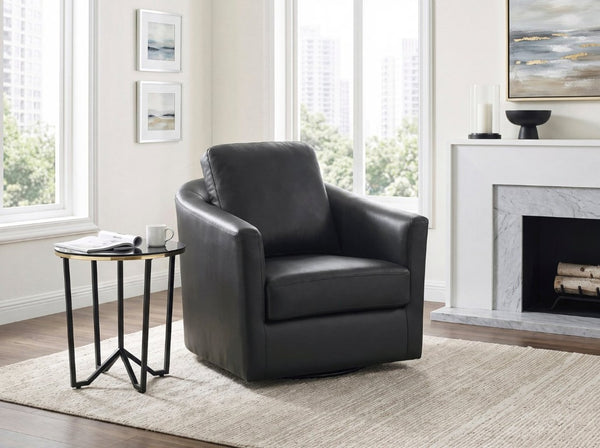 English Elm Swivel Accent Chair Chenille Upholstered Walnut Frame Mid-Century Living Room Seat Black Leather 33 L x 35 W x 36 H B011P582018