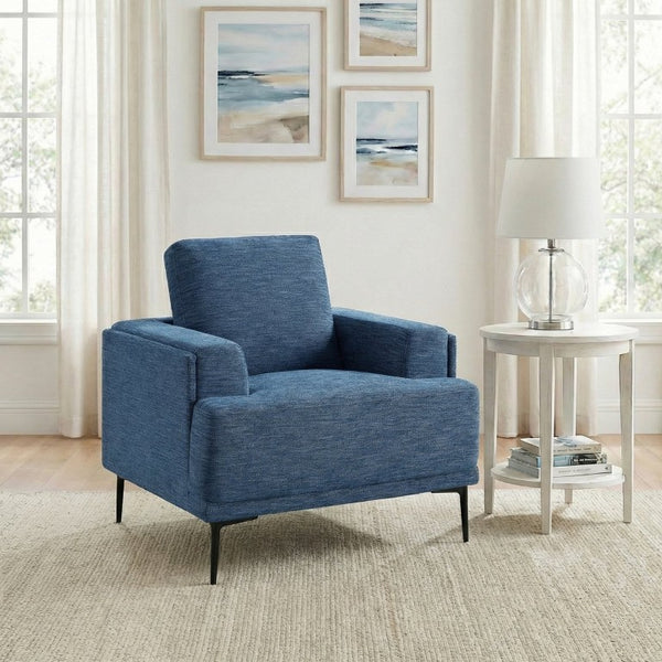 English Elm Swivel Accent Chair Chenille Upholstered Walnut Frame Mid-Century Living Room Seat Blue Chenille 40 L x 36 W x 36.5 H B011P582022