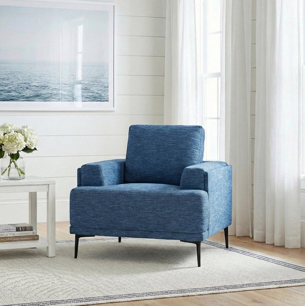 English Elm Swivel Accent Chair Chenille Upholstered Walnut Frame Mid-Century Living Room Seat Blue Chenille 40 L x 36 W x 36.5 H B011P582022
