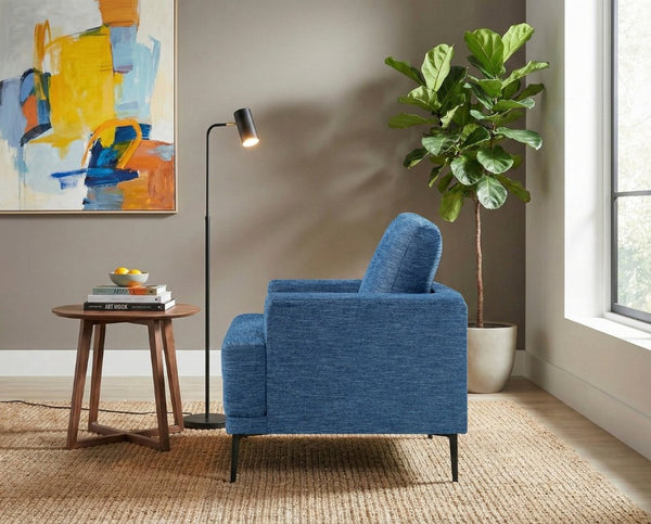 English Elm Swivel Accent Chair Chenille Upholstered Walnut Frame Mid-Century Living Room Seat Blue Chenille 40 L x 36 W x 36.5 H B011P582022