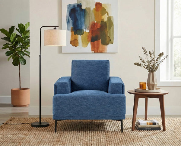 English Elm Swivel Accent Chair Chenille Upholstered Walnut Frame Mid-Century Living Room Seat Blue Chenille 40 L x 36 W x 36.5 H B011P582022