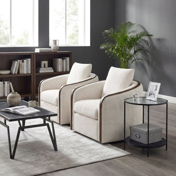 English Elm Swivel Accent Chair Chenille Upholstered Walnut Frame Mid-Century Living Room Seat Beige Chenille 42 L x 39 W x 34 H B011P582025