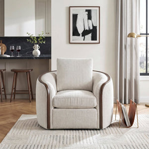 English Elm Swivel Accent Chair Chenille Upholstered Walnut Frame Mid-Century Living Room Seat Beige Chenille 42 L x 39 W x 34 H B011P582025
