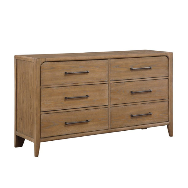 English Elm Modern Six Drawer Oak Veneer Dresser with Mirror Dovetail Joinery Bronze Pulls 6 Drawer Dresser 64 L x 18 W x 36.5 H B011P582069
