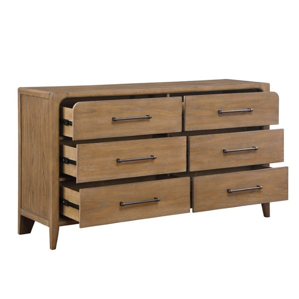 English Elm Modern Six Drawer Oak Veneer Dresser with Mirror Dovetail Joinery Bronze Pulls 6 Drawer Dresser 64 L x 18 W x 36.5 H B011P582069