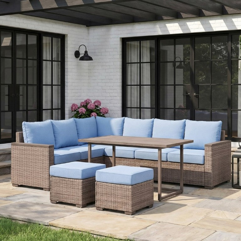 English Elm Outdoor Resin Wicker Sectional with Convertible Table and All-Weather Olefin Cushions B011P582746
