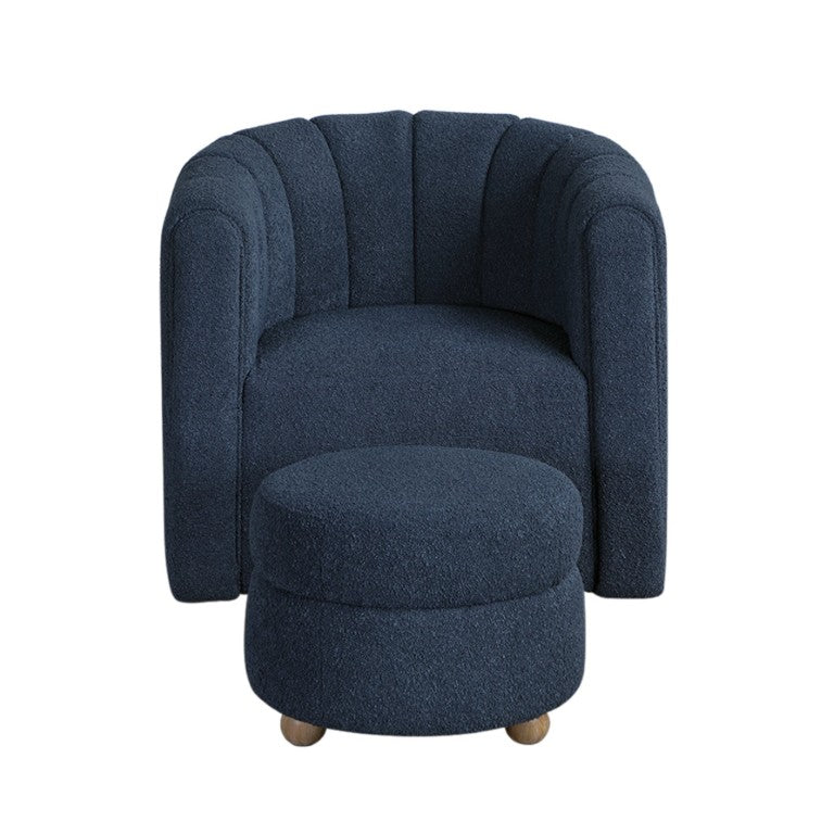 English Elm Swivel Barrel Chair and Ottoman Set with Channel Tufting and Natural Wood Legs Blue Boucle B011P582749