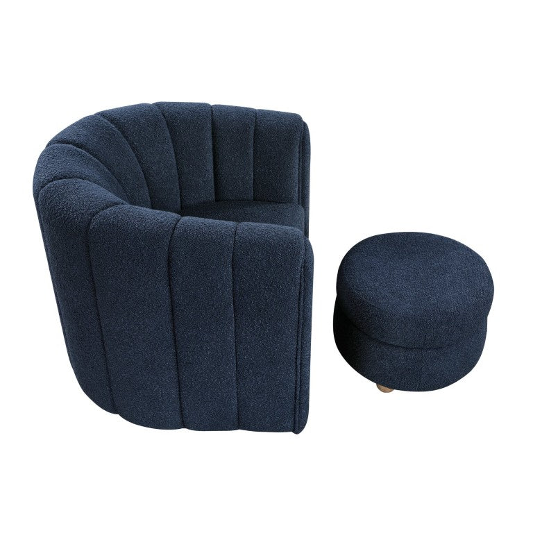 English Elm Swivel Barrel Chair and Ottoman Set with Channel Tufting and Natural Wood Legs Blue Boucle B011P582749