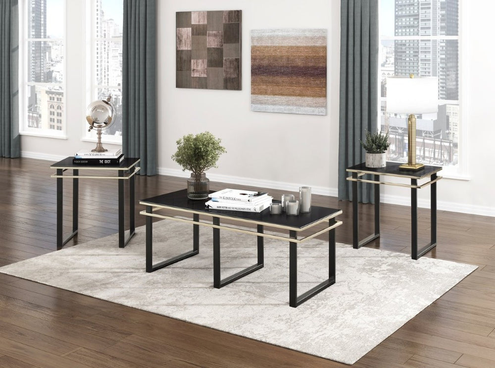 English Elm Occasional 3 Piece Living Room Set Tempered Glass Tops with Gold Banding Metal Base B011P582776
