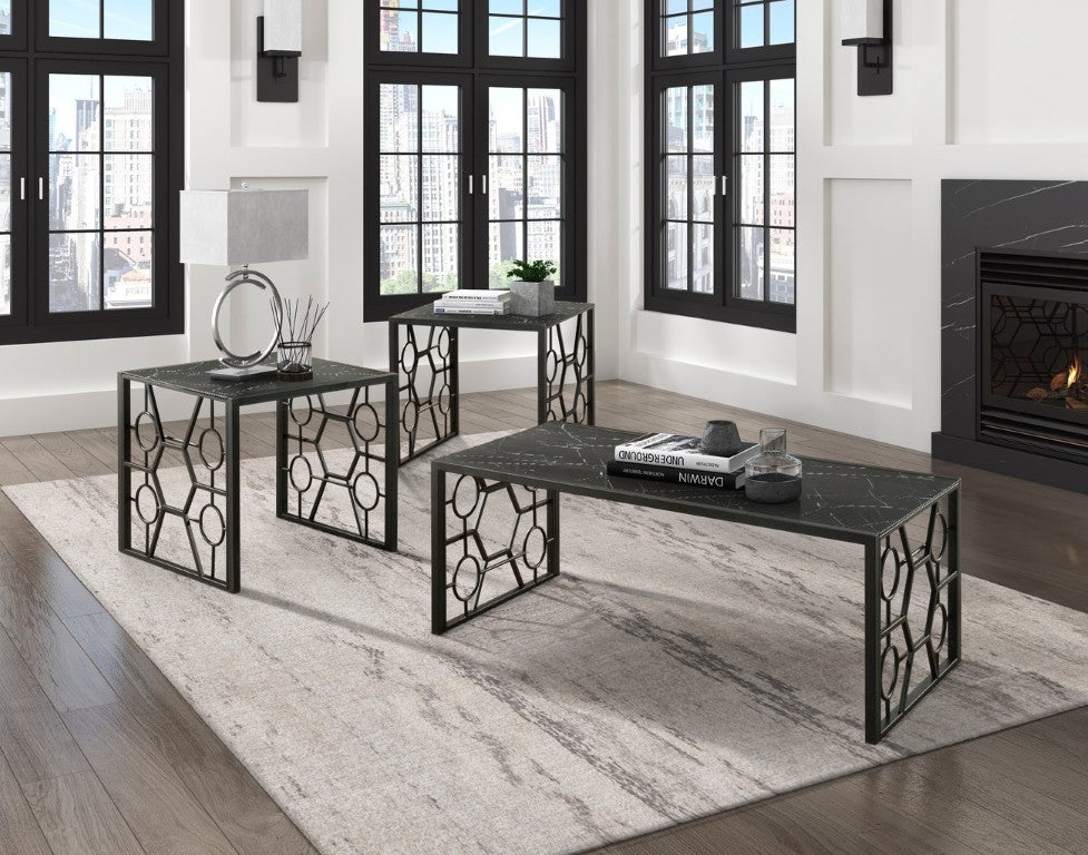 English Elm Occasional 3 Piece Set Fluted Glass Tops Geometric Black Metal Base Living Room B011P582777