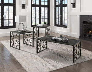 English Elm Occasional 3 Piece Set Fluted Glass Tops Geometric Black Metal Base Living Room B011P582777