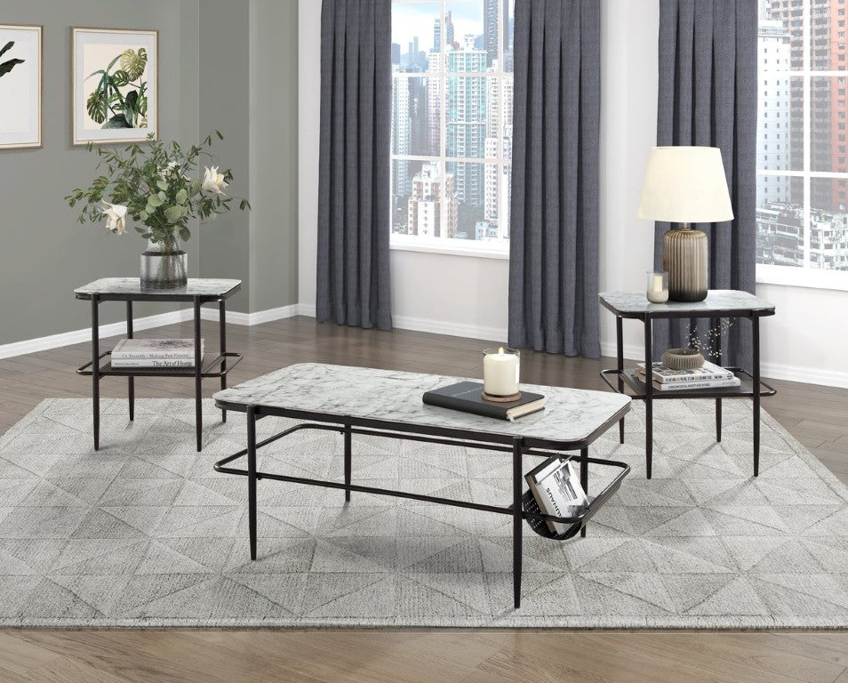 English Elm Occasional 3 Piece Set Fluted Glass Tops and Matte Black Metal Base for Living Rooms B011P582778