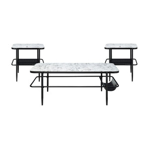English Elm Occasional 3 Piece Set Fluted Glass Tops and Matte Black Metal Base for Living Rooms B011P582778