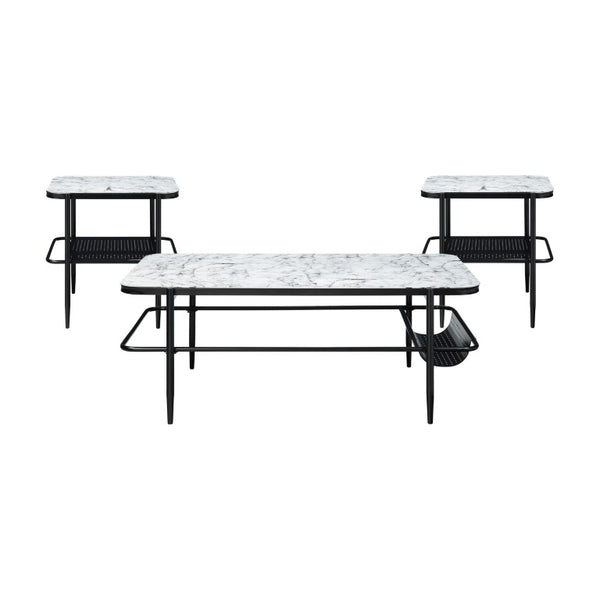 English Elm Occasional 3 Piece Set Fluted Glass Tops and Matte Black Metal Base for Living Rooms B011P582778