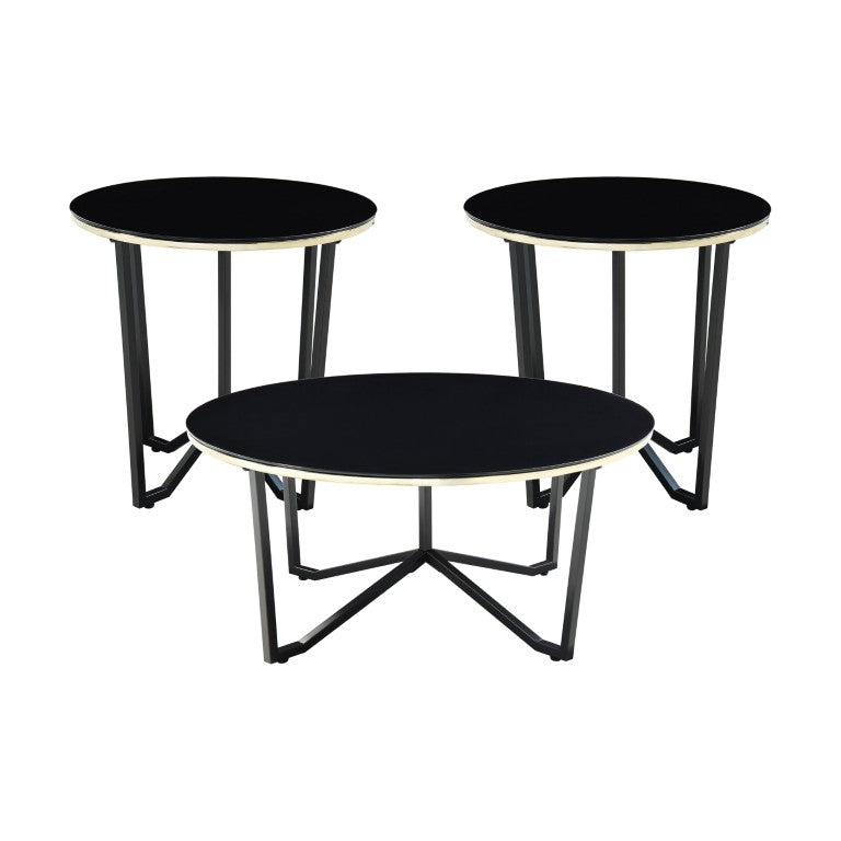 English Elm Occasional 3 Piece Round Glass and Metal Living Room Table Set in Black Gold B011P582782