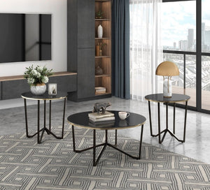 English Elm Occasional 3 Piece Round Glass and Metal Living Room Table Set in Black Gold B011P582782