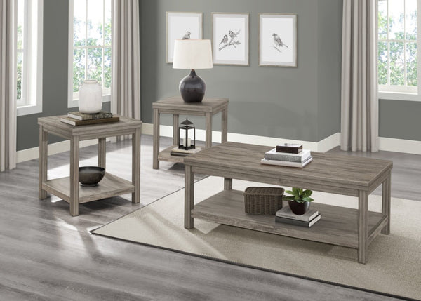 English Elm Cocktail and End Table Set with Birch Veneer Glass Tops and Satin Nickel Hardware Weathered Gray B011P582784