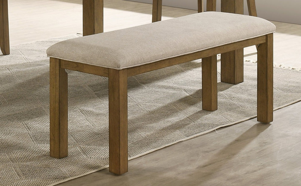 English Elm 1Pc Upholstered Dining Bench Padded Seat Neutral Fabric Warm Brown Wooden Legs Farmhouse B011P582808