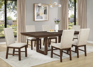 English Elm 2Pc Tufted High Back Dining Chairs Linen Fabric Nailhead Detail Espresso Wood Frame B011P583494