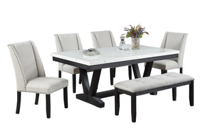 English Elm 1Pc Mid-Century Trestle Dining Table with Quarter-Matched Veneer Warm Walnut Finish Antique Black Faux Marble, MDF, Rubber Wood 72 L x 42 W x 30 H B011P584188