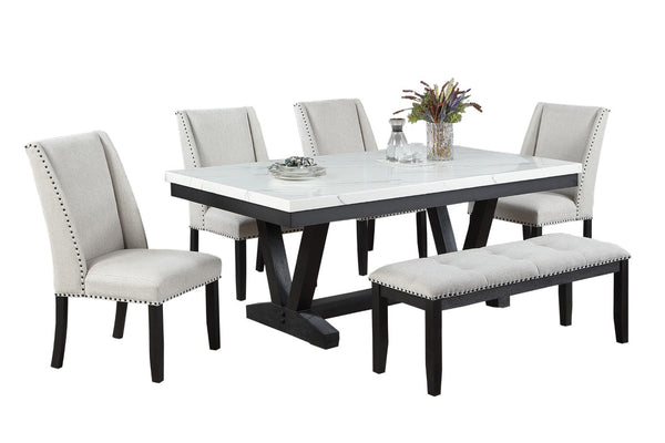 English Elm 1Pc Mid-Century Trestle Dining Table with Quarter-Matched Veneer Warm Walnut Finish Antique Black Faux Marble, MDF, Rubber Wood 72 L x 42 W x 30 H B011P584188