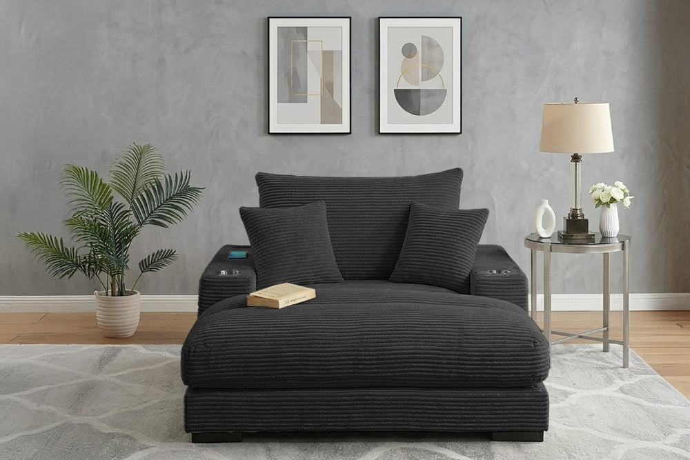 English Elm Chaise Lounge Corduroy Upholstered with Cup Holders USB Port and Accent Pillows B011P584197