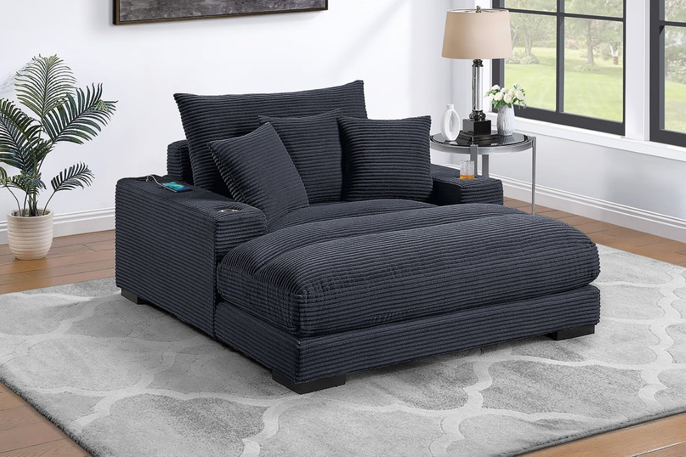 English Elm Chaise Lounge Corduroy Upholstered with Cup Holders USB Port and Accent Pillows B011P584197