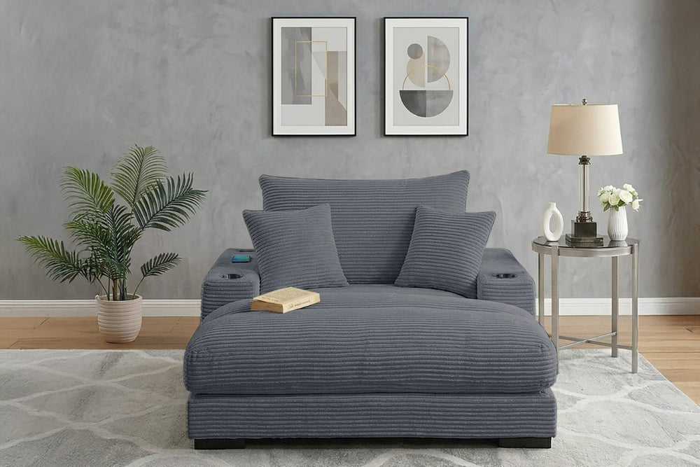 English Elm Chaise Lounge Corduroy Upholstered Sofa with Cup Holders USB Port and Accent Pillows Gray B011P584199