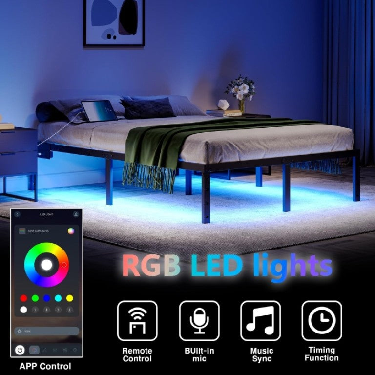 English Elm Twin Metal Platform Bed with LED Underlighting USB Charging and Slatted Base B011P585685