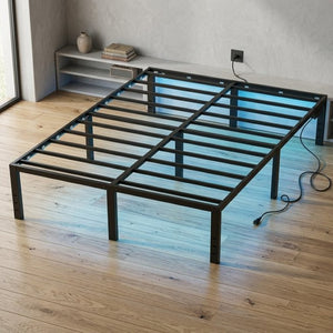 English Elm Twin Metal Platform Bed with LED Underlighting USB Charging and Slatted Base B011P585685