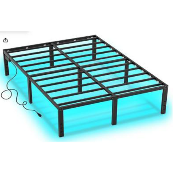 English Elm Twin Metal Platform Bed with LED Underlighting USB Charging and Slatted Base B011P585685