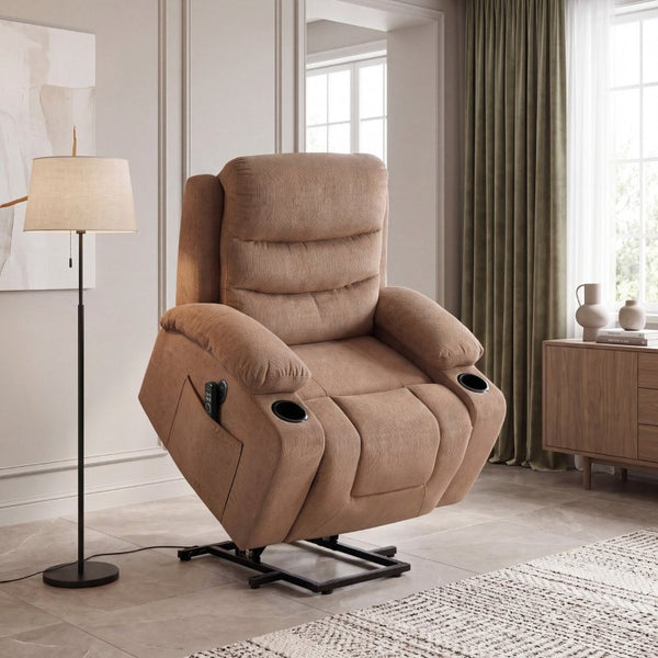 English Elm Brown Microfiber Power Lift Recliner with Heat Massage and USB Charging Ports B011P587004