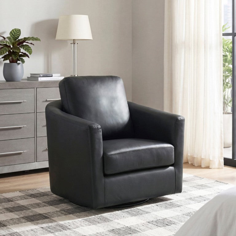 English Elm Modern Top Grain Leather Swivel Barrel Chair with Pocket Coil Cushions for Living Rooms B011P587015