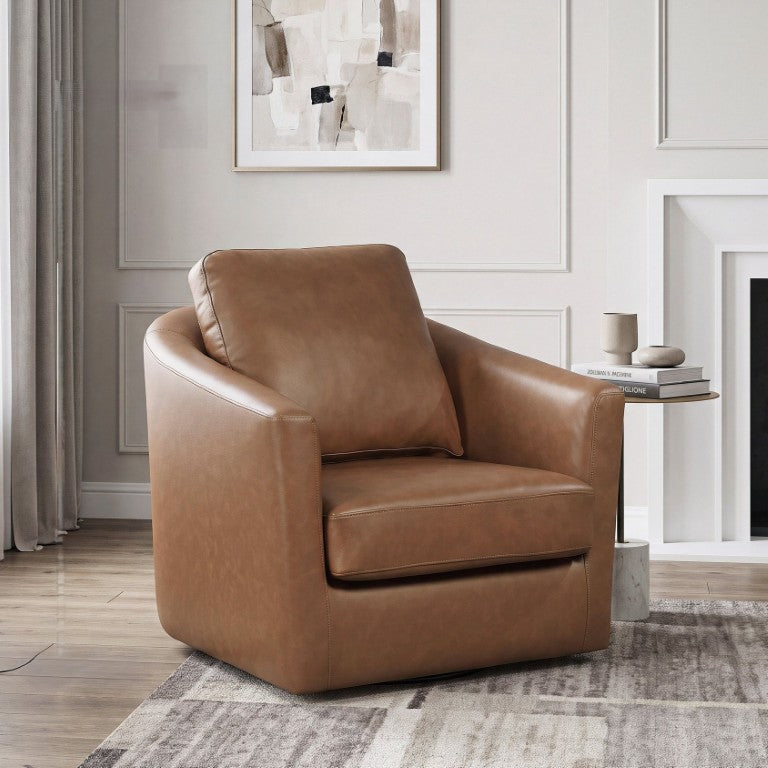English Elm Modern Barrel Swivel Chair Top Grain Leather Upholstery with Pocket Coil Cushion Support Dark Brown B011P587017