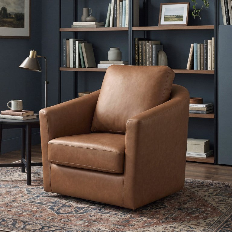 English Elm Modern Barrel Swivel Chair Top Grain Leather Upholstery with Pocket Coil Cushion Support Dark Brown B011P587017