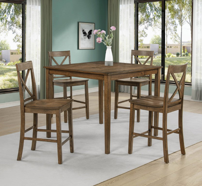 English Elm 5Pc Farmhouse Counter Height Dining Set Square Table Cross Back Chairs Warm Wood B011P588399