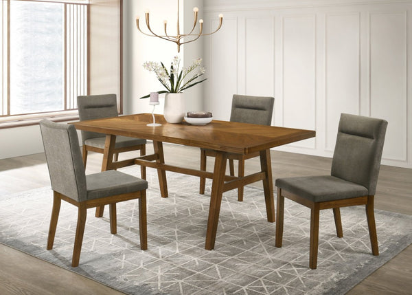 English Elm 1Pc Mid-Century Trestle Dining Table with Quarter-Matched Veneer Warm Walnut Finish Brown Wood 35.8 L x 70.9 W x 30 H B011P588624