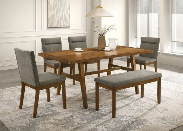English Elm 1Pc Mid-Century Trestle Dining Table with Quarter-Matched Veneer Warm Walnut Finish Brown Wood 35.8 L x 70.9 W x 30 H B011P588624
