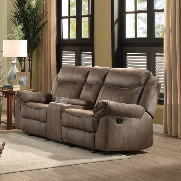 English Elm Brown Microfiber Dual Glider Reclining Loveseat with Console Storage and Charging Ports B011P589922