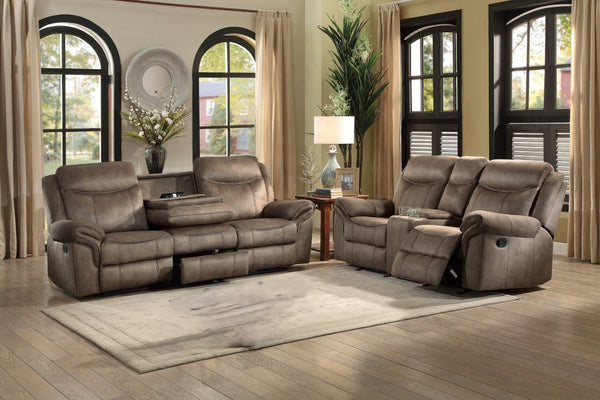 English Elm Brown Microfiber Dual Glider Reclining Loveseat with Console Storage and Charging Ports B011P589922