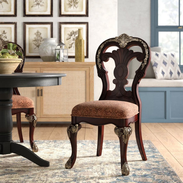 English Elm Wire Brushed Brown Wood Dining Chairs Set with Beige Upholstery for Modern Rooms Cherry Finish with Gold Tipping 4 Pc Side Chair 4 B011P590164